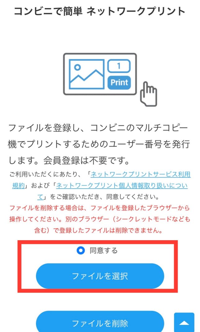 同意するにチェックを入れ、「ファイルを選択」を選択する
